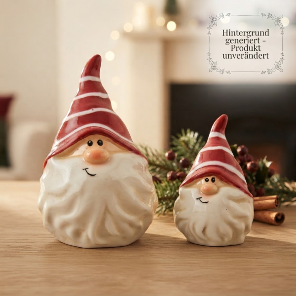2er-Set Dekorative Weihnachtszwerge - Keramikfiguren mit rot gestreifter Mütze